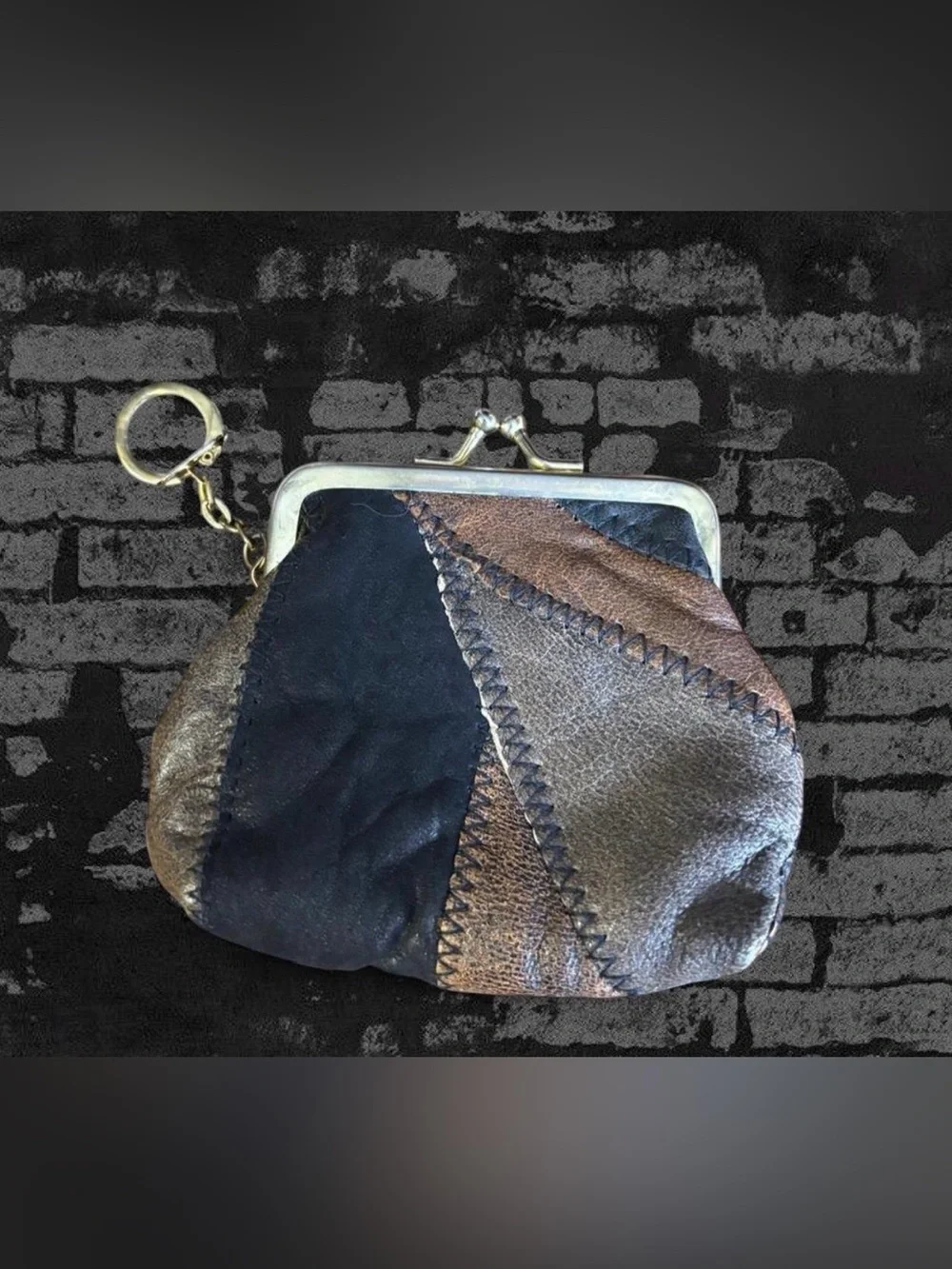 Patchwork Leather Kiss-Lock Coin Purse - Brown & Black